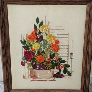 Vintage 70s Embroidery Crewel Finished Framed Flowers Retro